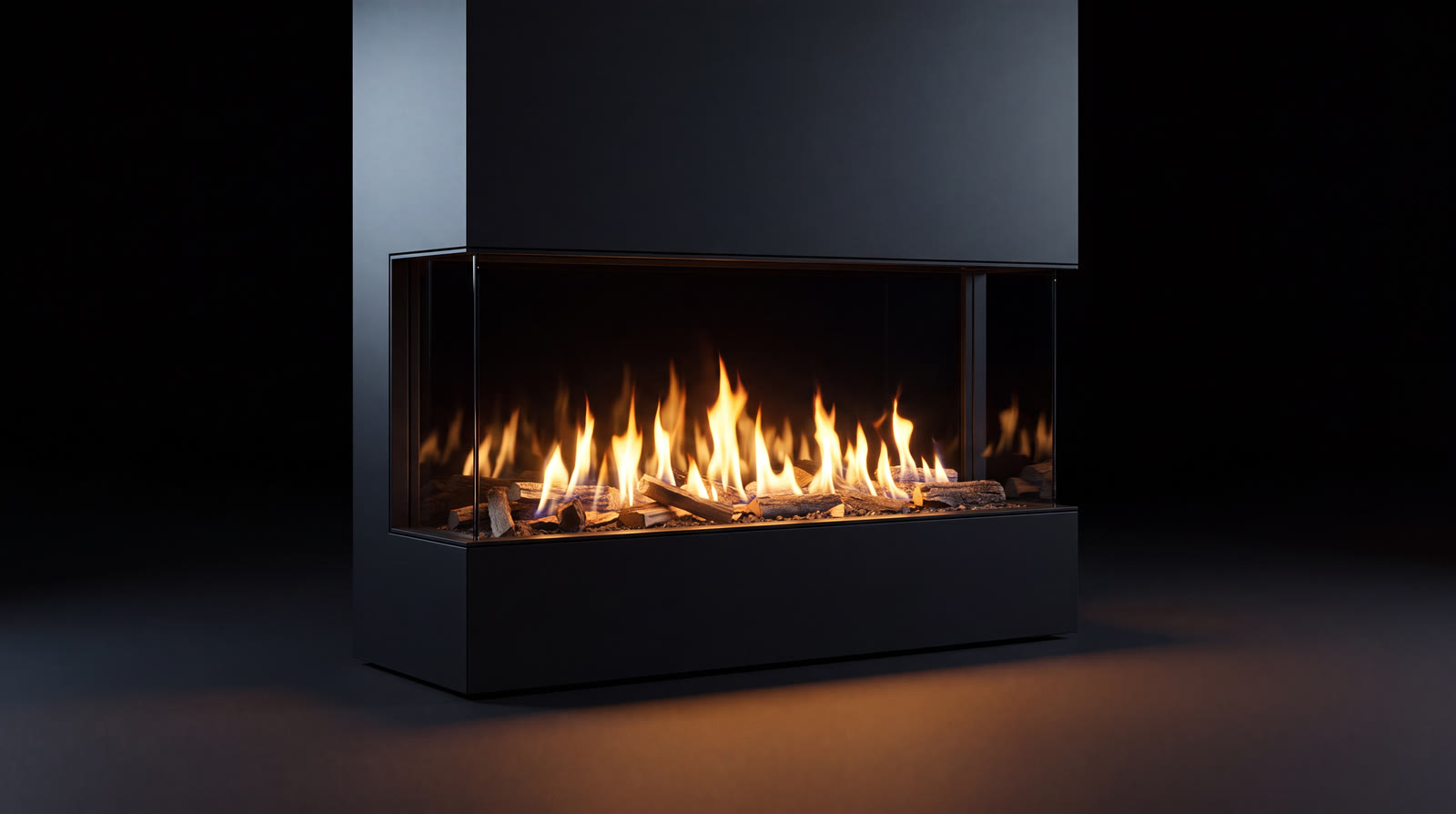 The Urbana U70 Tall gas fireplace, three faces of glass glowing with a long ribbon of flame