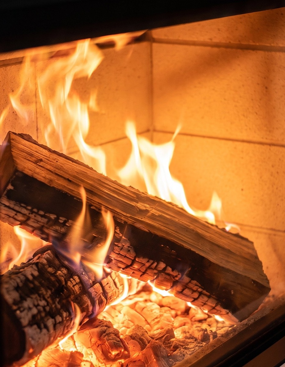 Long split logs burning behind the 21-clad’s glass