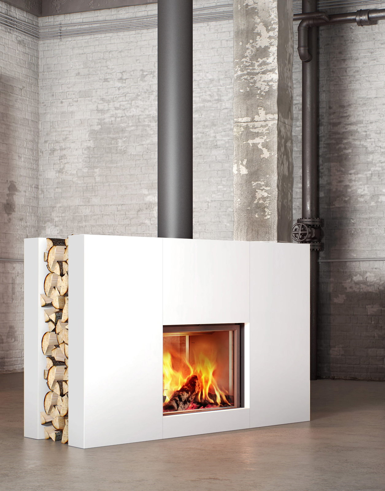 The white Stûv 21-clad DF7 with its full-height log store in a brick loft