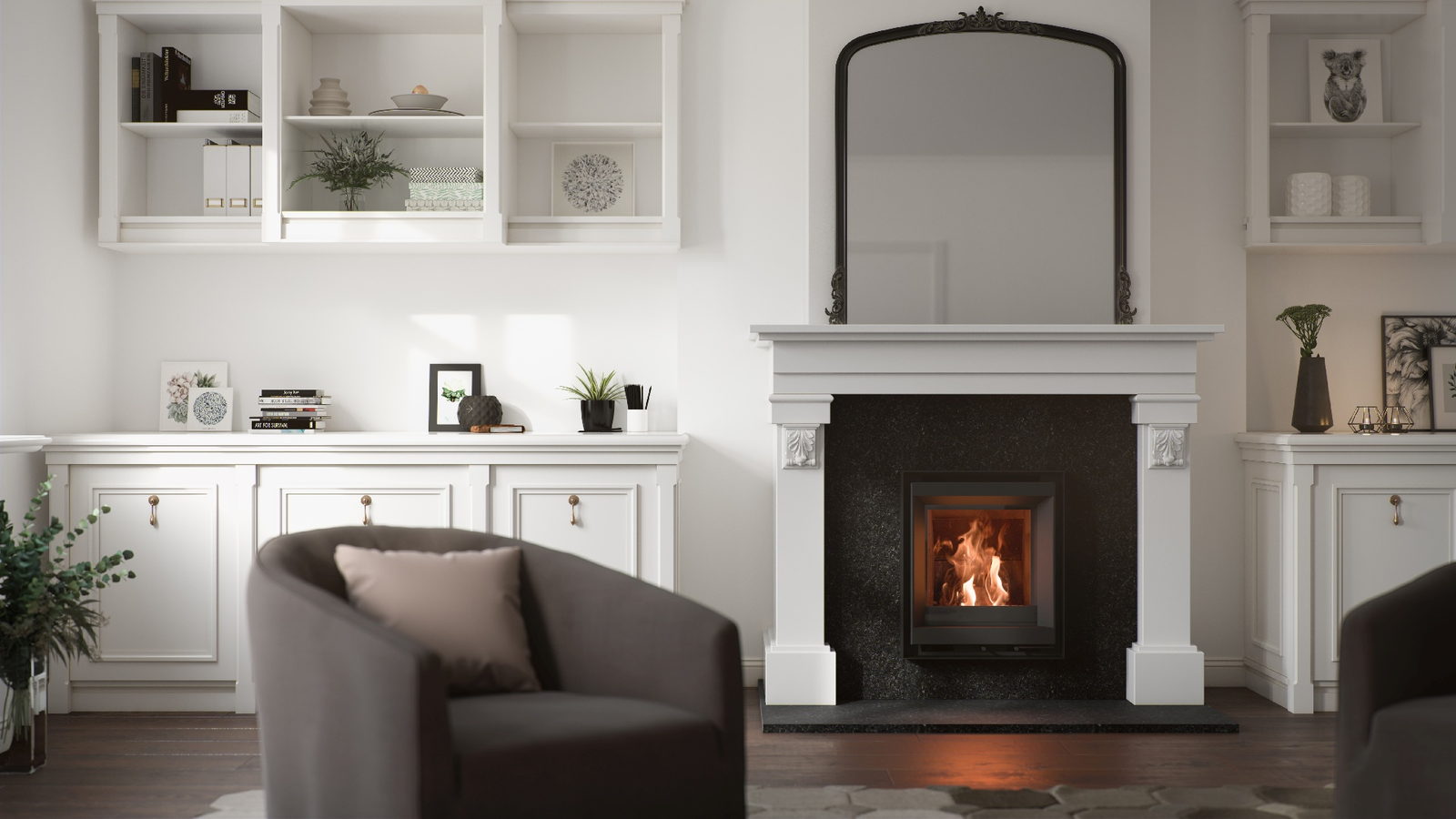 Stûv 6-in insert burning in a classic white mantel between built-in cabinets