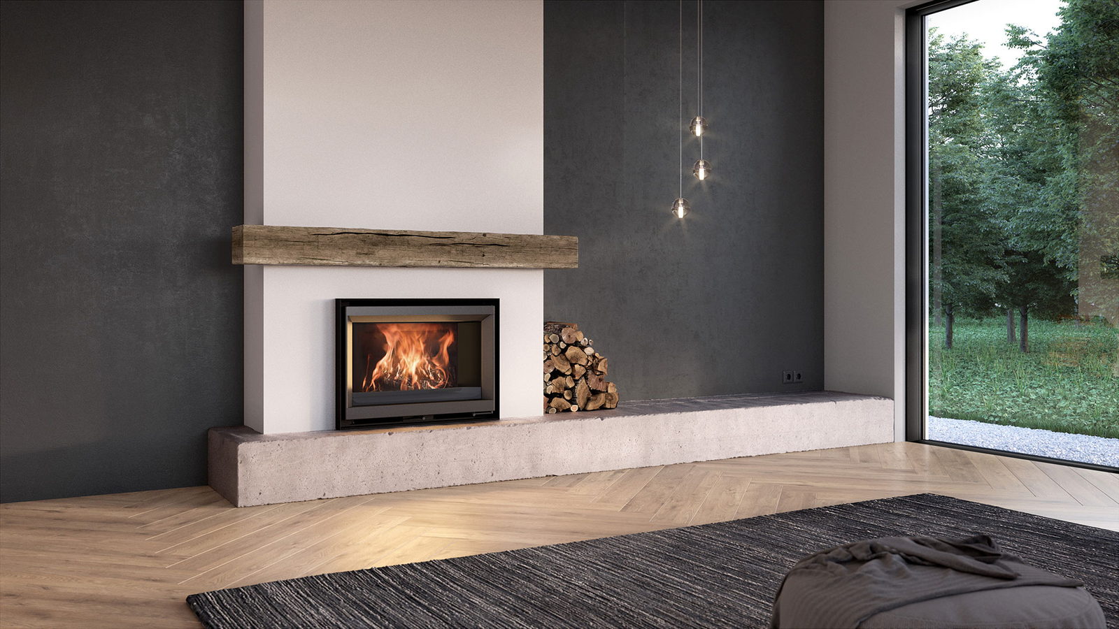 Stûv 6-in burning beneath a barnwood mantel shelf on a white chase