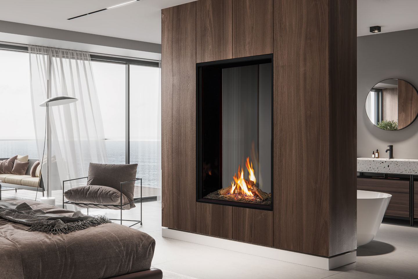 Urbana&rsquo;s own render of the U33 Tall in a walnut room divider &mdash; the tall window, fire low