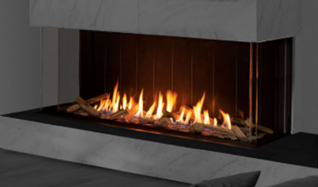 Urbana's own render of the U70 Tall Bay — three-sided glass, driftwood fire