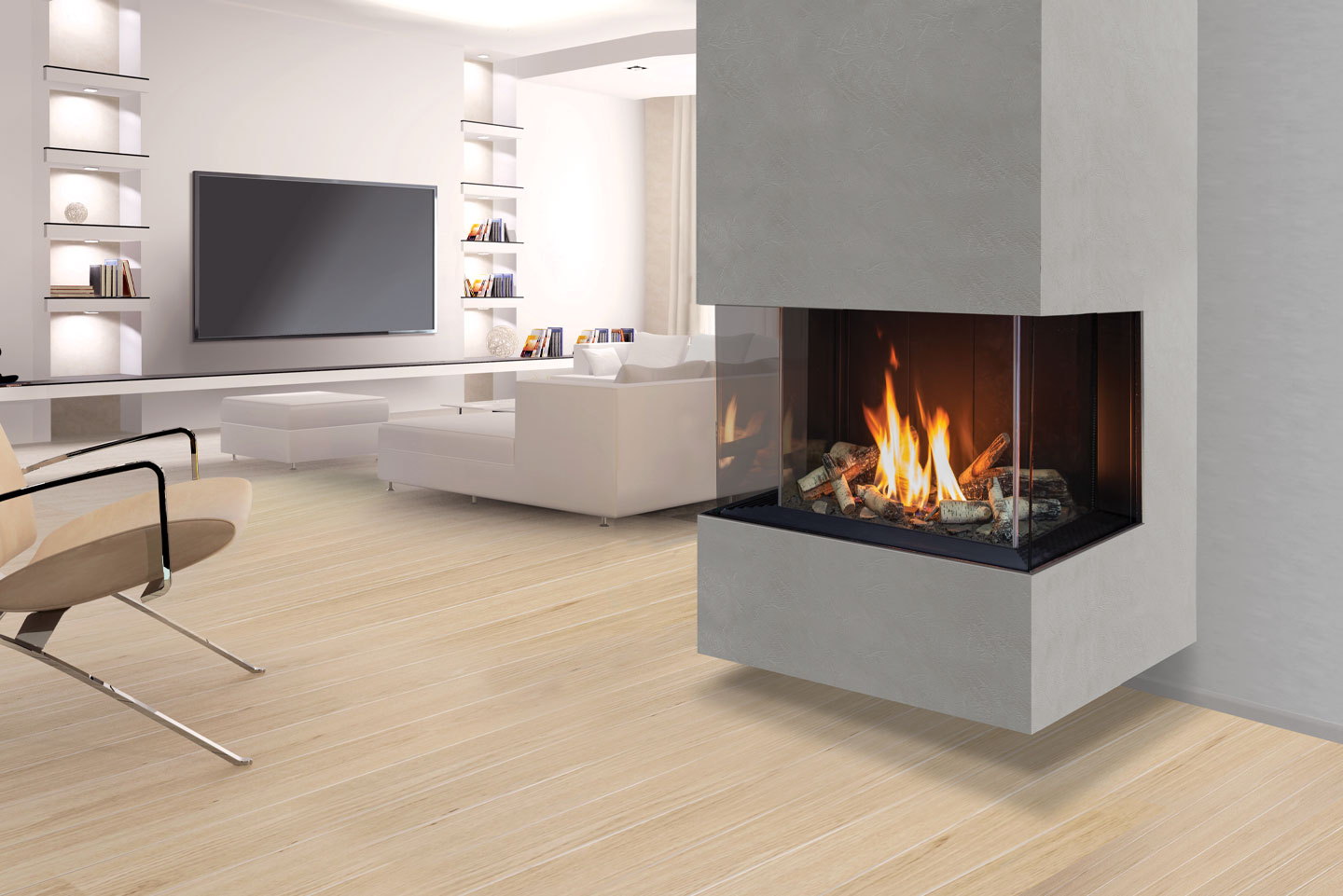 Urbana U30 Bay corner gas fireplace in a white living room with a wall-mounted television