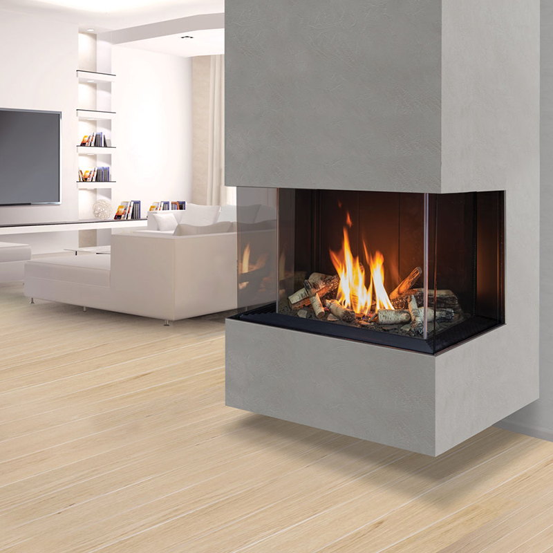 Urbana U30 Tall Bay three-sided gas fireplace dividing a white open-plan living room