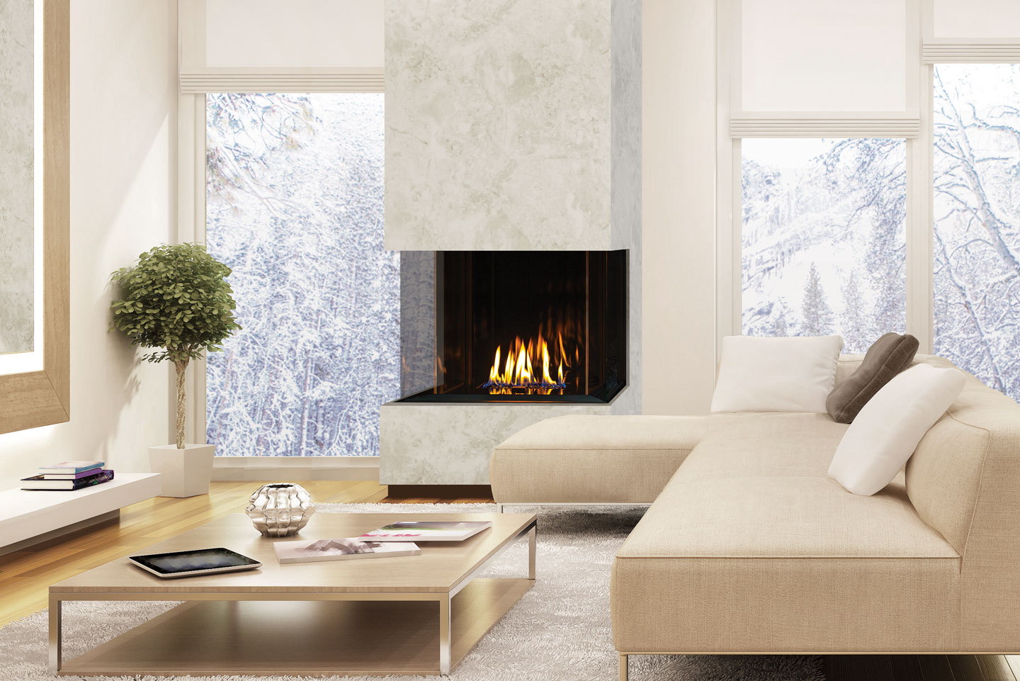Urbana U30 Tall Bay burning in a winter living room with snowy views