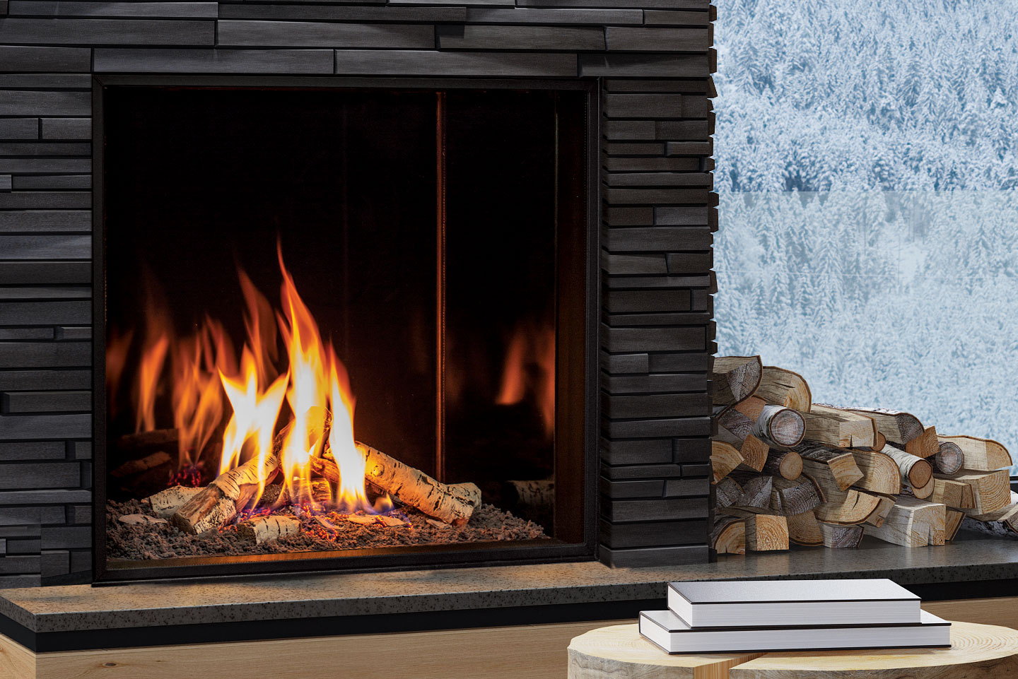 Log set burning beside stacked firewood in the Urbana U33