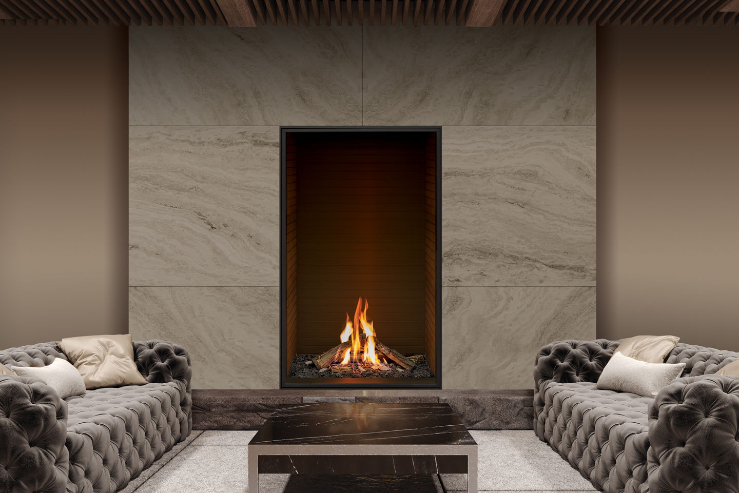 Urbana U33 Tall gas fireplace set high in a travertine wall above tufted sofas