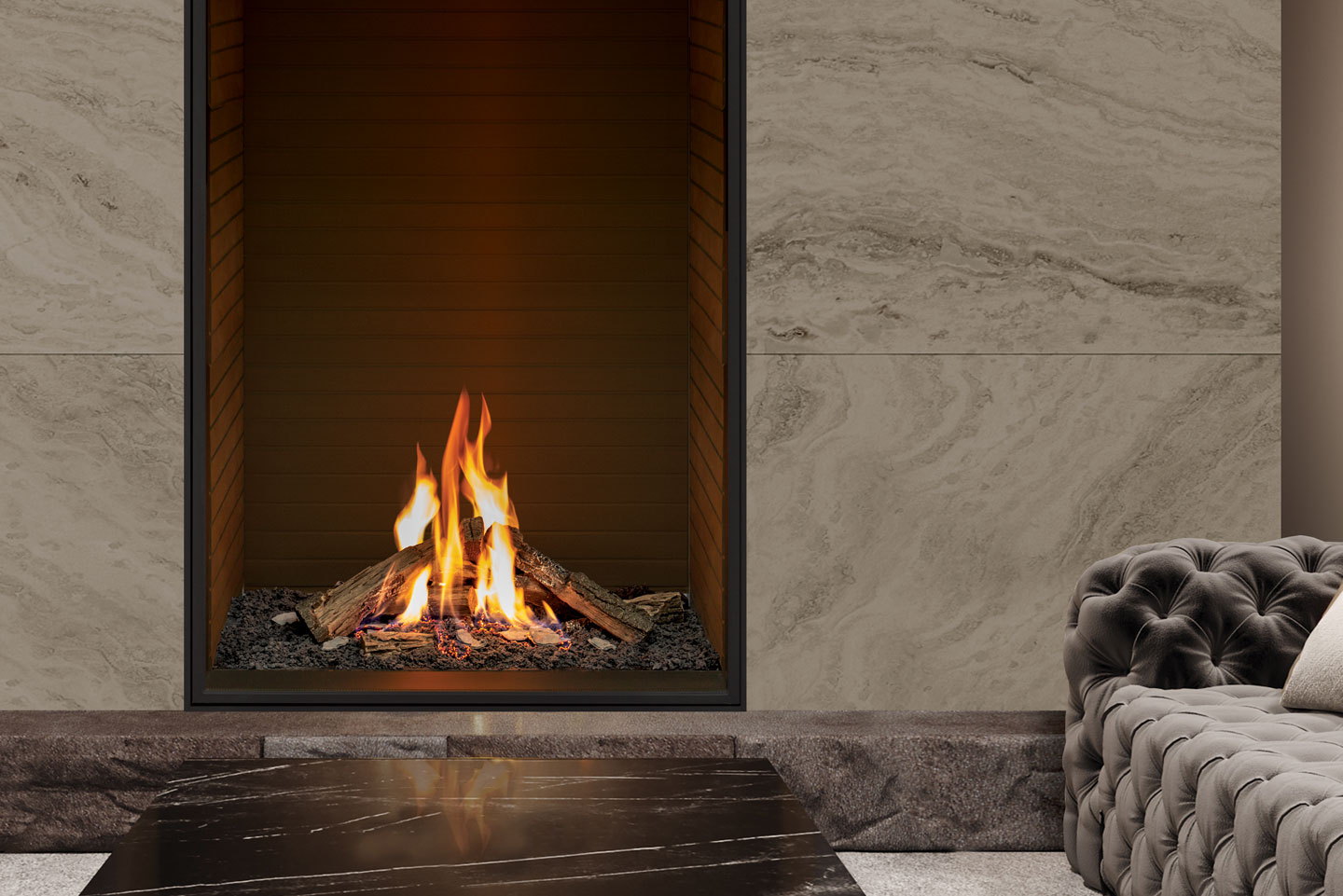 Urbana U33 Tall burning in a pale stone wall beside a leather chesterfield