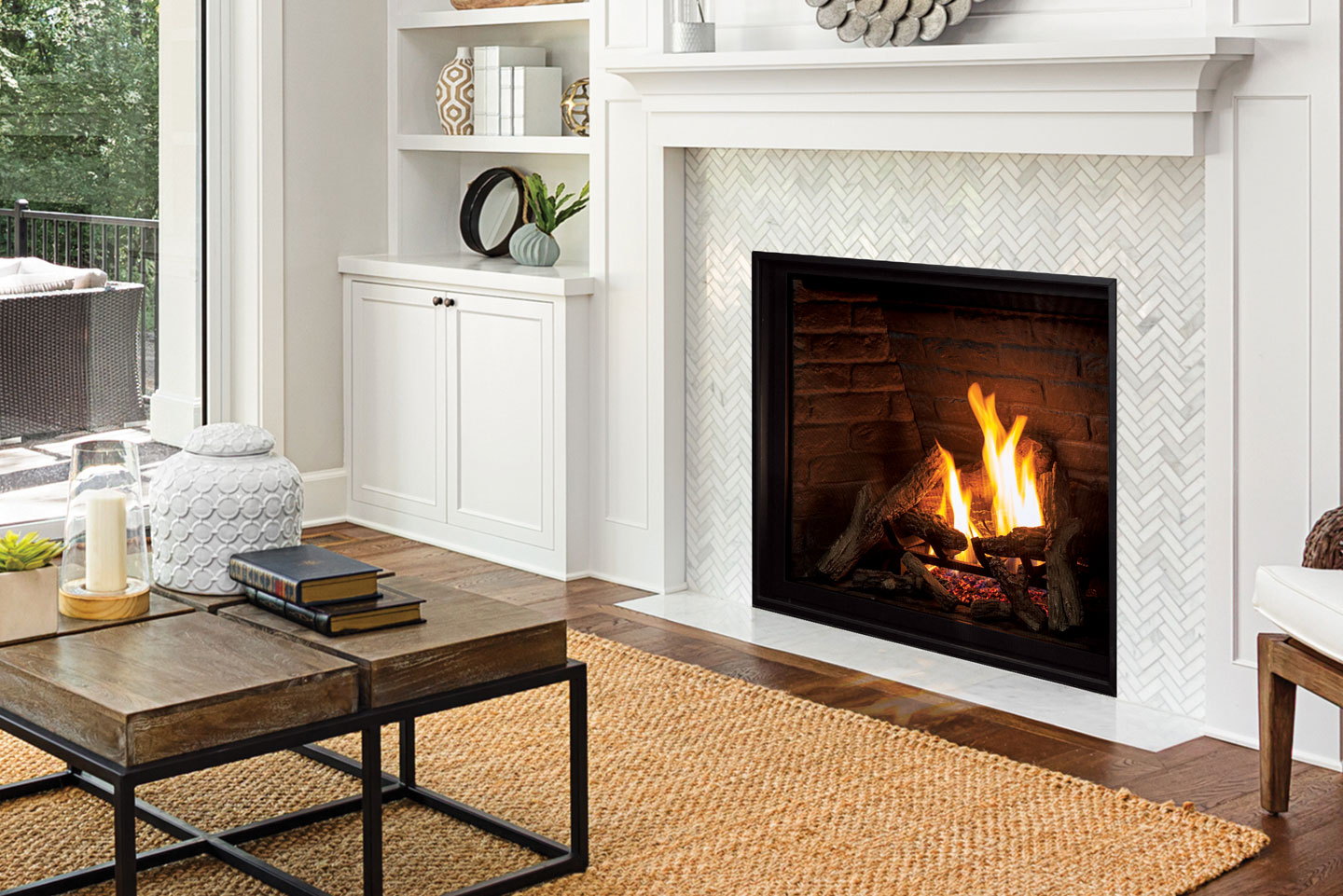 Urbana U37 traditional gas fireplace in a bright white living room with herringbone tile