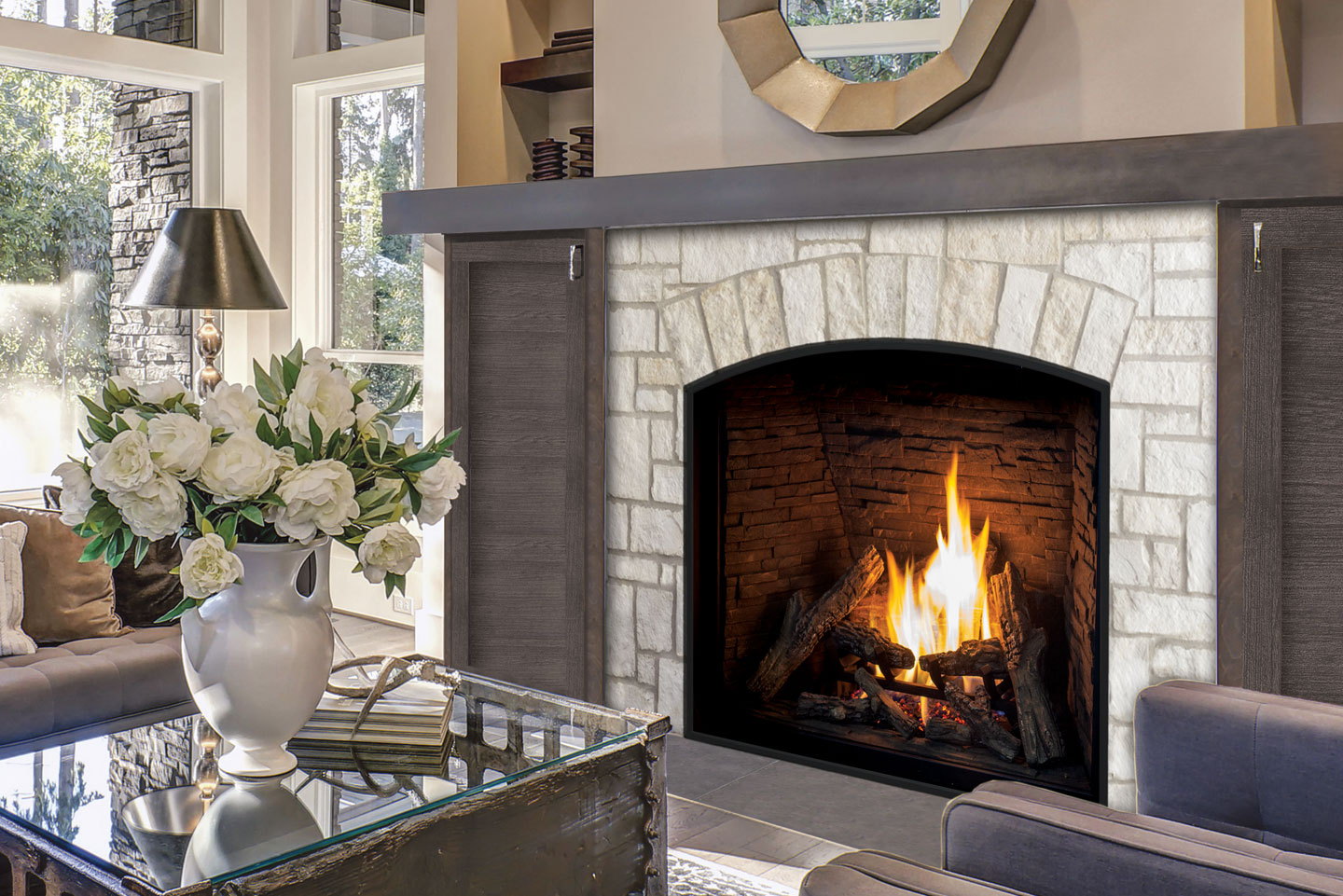 Urbana U37 in a stone mantel beside white flowers