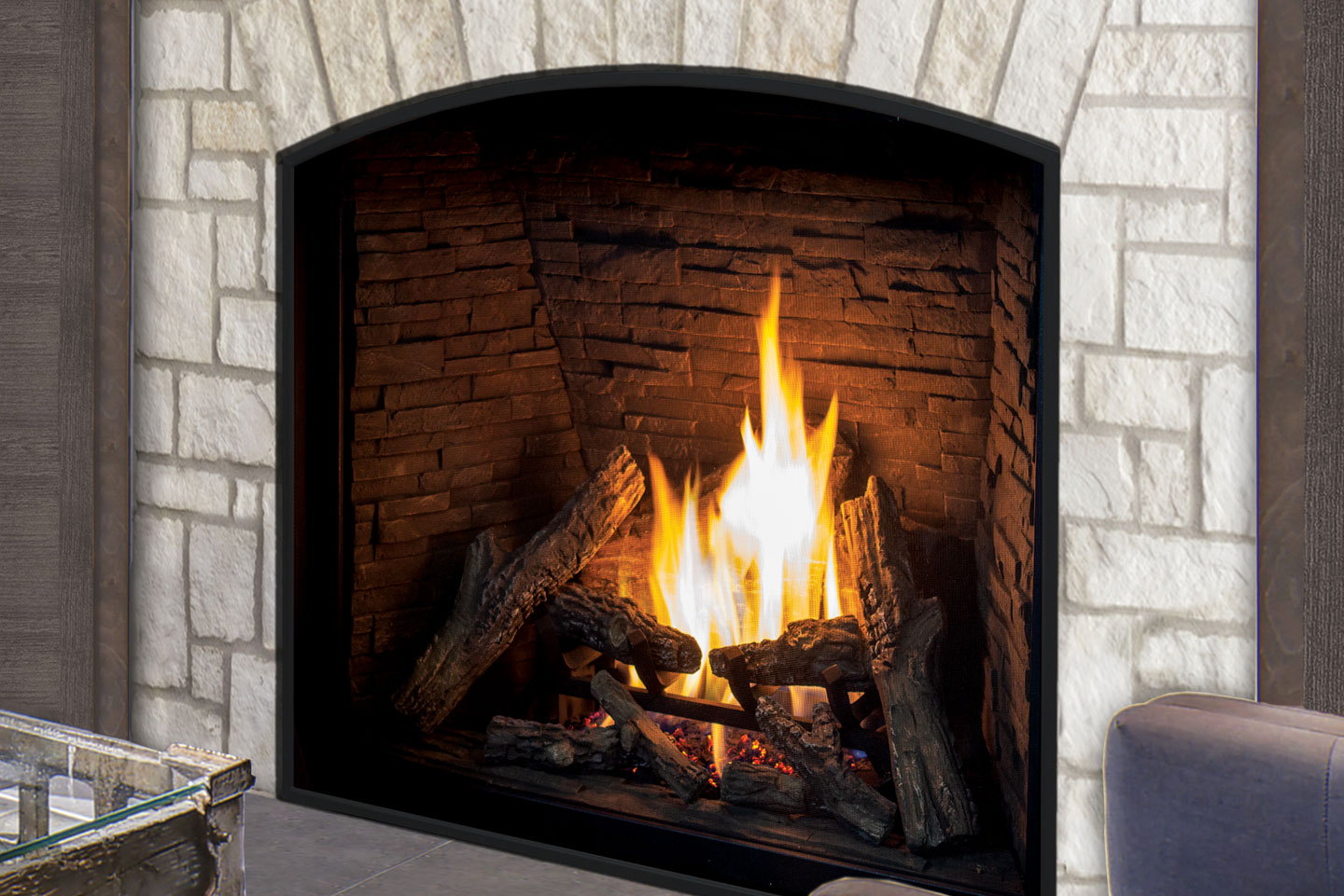 Urbana U37 burning inside a white stone arch with brick liner