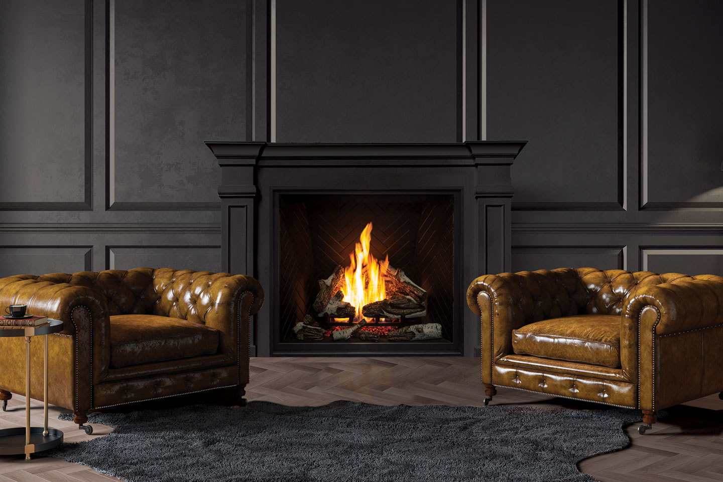 Urbana U44 burning in a dark lounge between two chesterfield armchairs