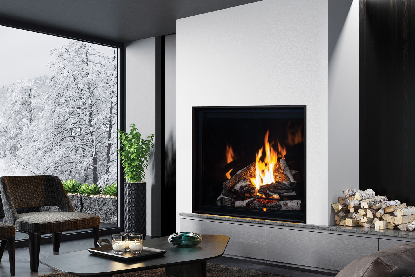 Urbana U44 alight in a modern room with snowy trees beyond the glass