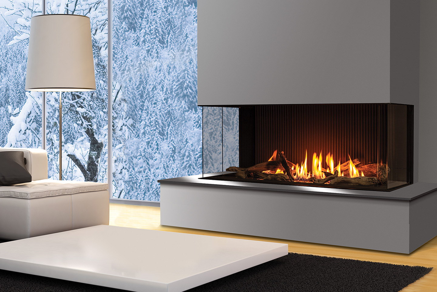 Urbana U50 Bay three-sided gas fireplace on a white plinth in a winter living room