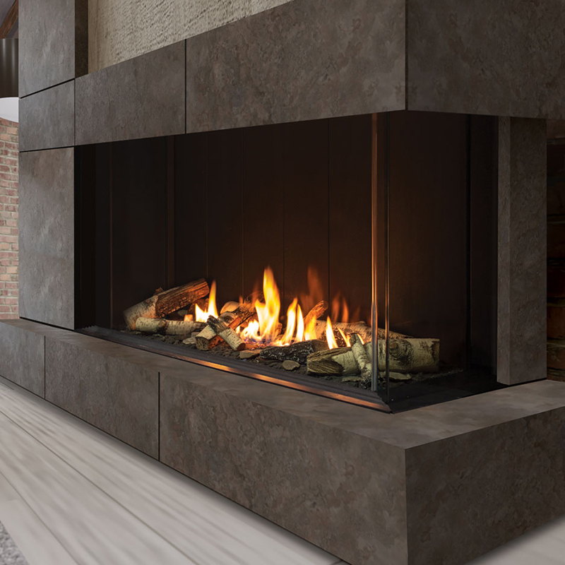 Urbana U50 Bay corner gas fireplace clad in charcoal tile
