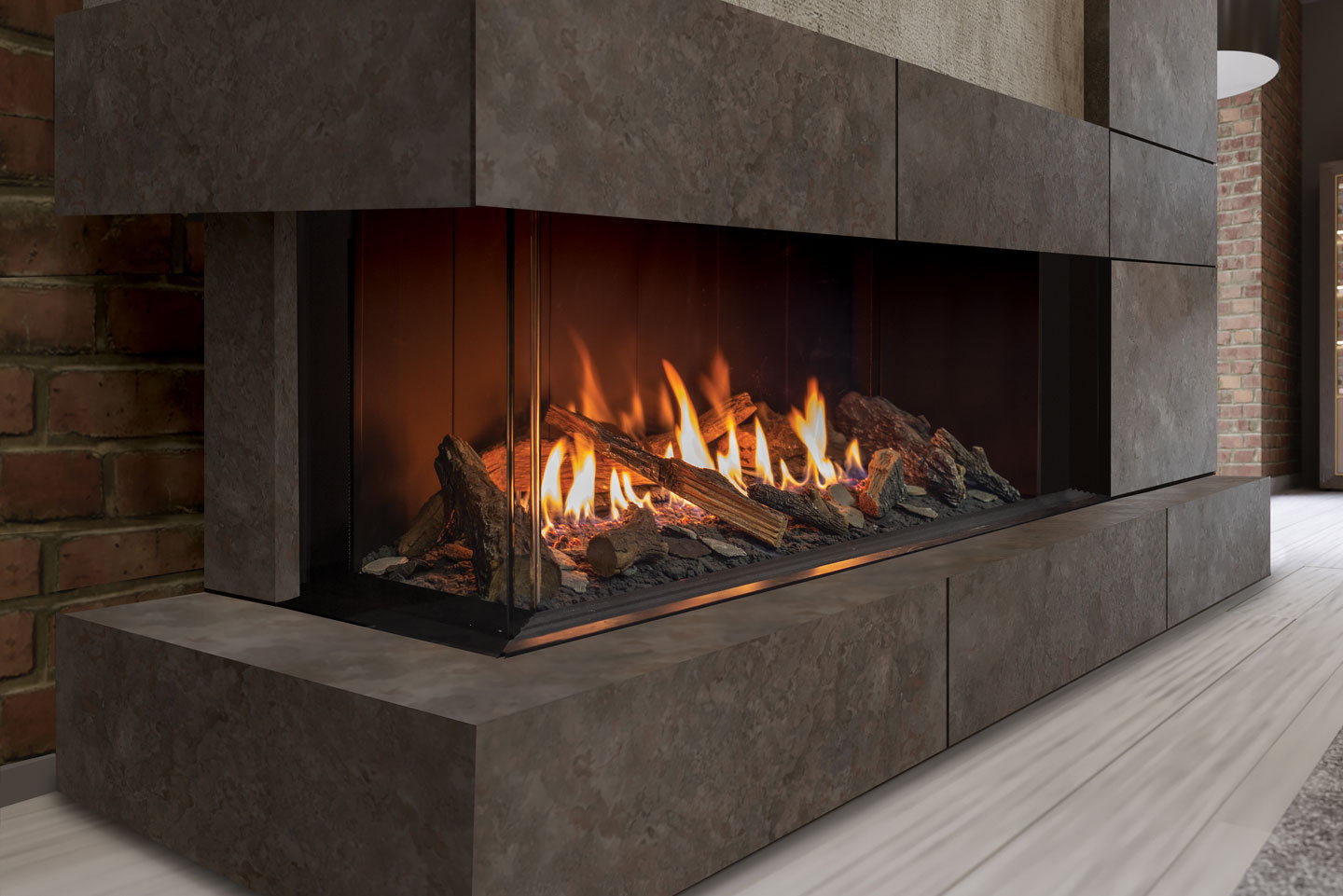 Urbana U50 Bay burning in a dark stone chase beside a brick wall