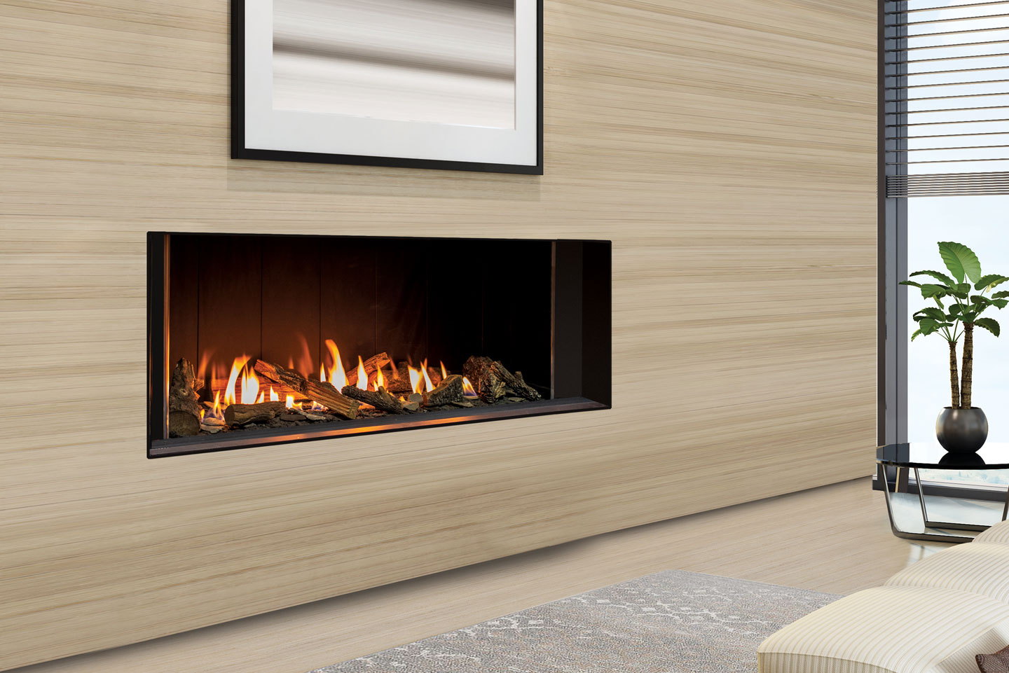 Urbana U50 Linear gas fireplace set flush in a blond wood wall
