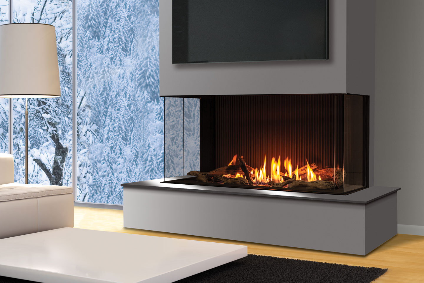Urbana U50 Tall Bay three-sided gas fireplace in a bright winter living room