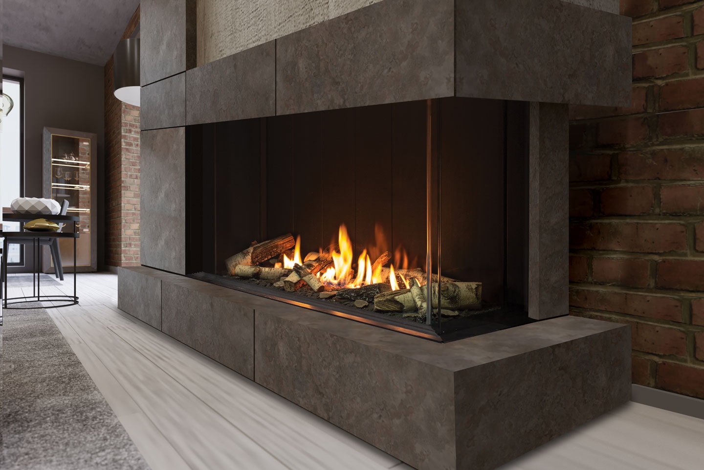 Urbana U50 Tall Bay clad in dark stone in a loft with brick