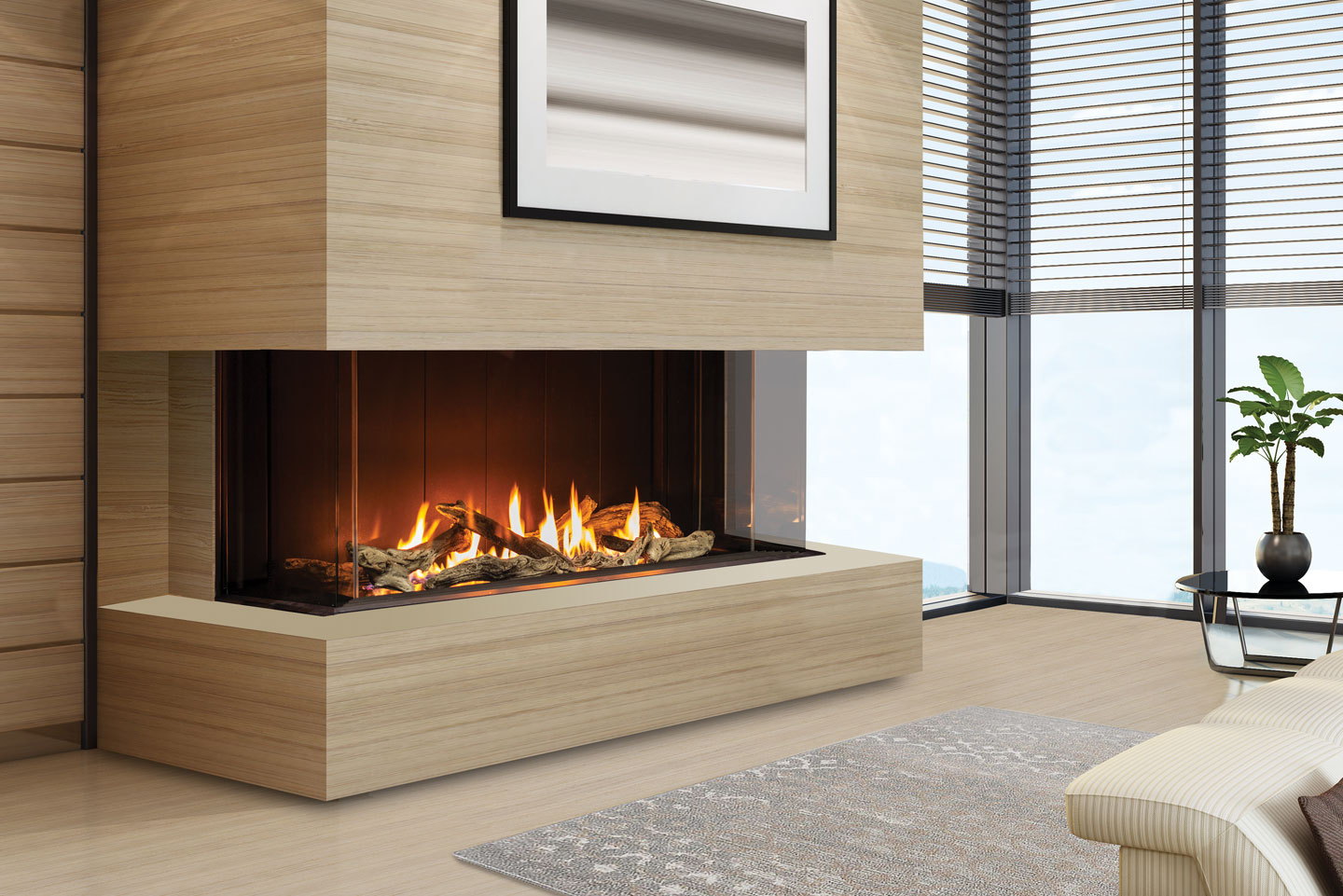 Urbana U50 Tall Bay on a blond wood pier with a bench hearth