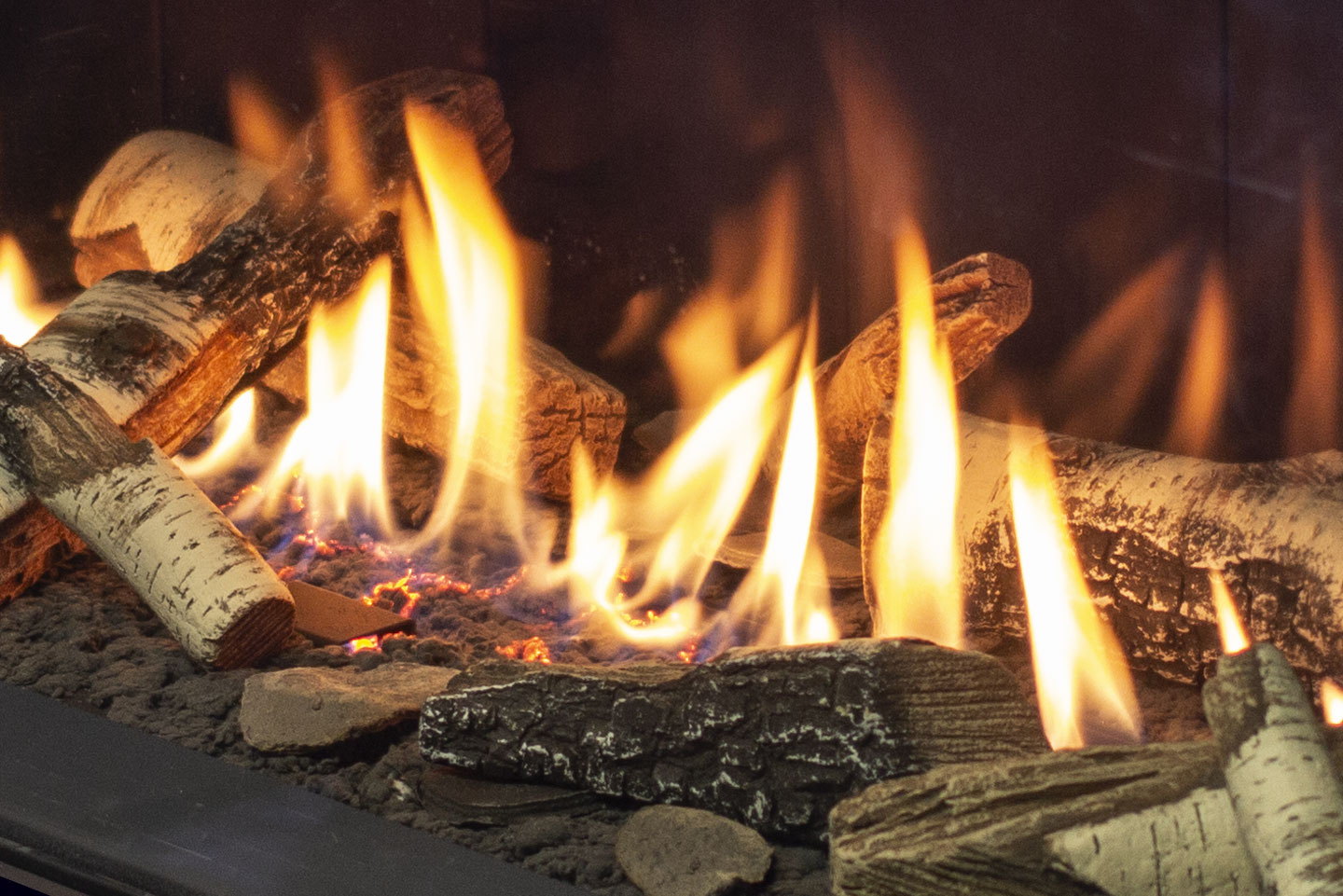Log set roaring in the tall glass of the Urbana U50