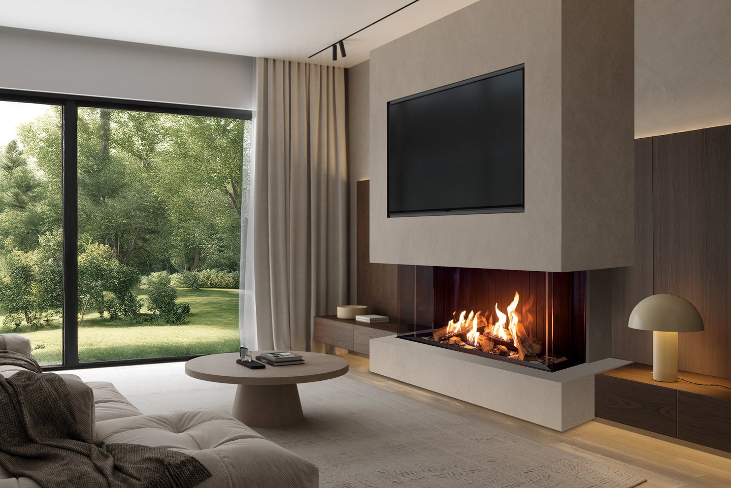 Urbana U50 Tall Ultra gas fireplace in a pale wood wall facing a garden window