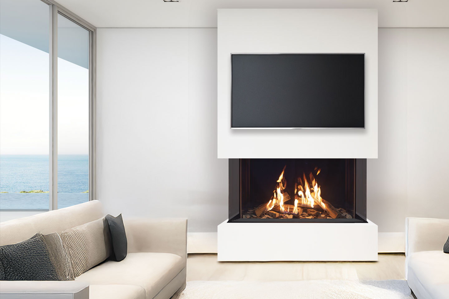 Urbana U50 Tall Ultra burning in a white seaside living room
