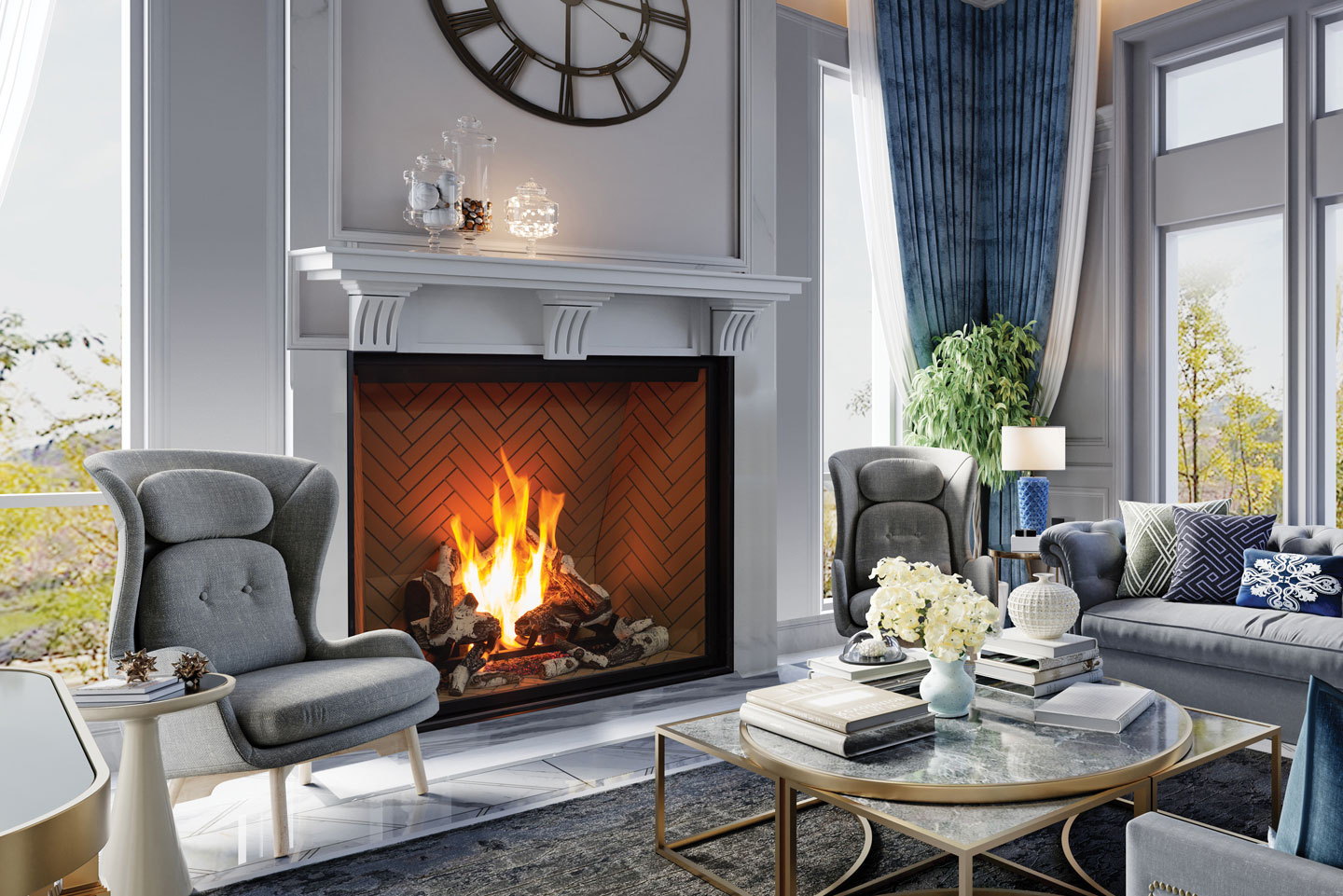 Urbana U55 traditional gas fireplace under a white classical mantel with a large clock