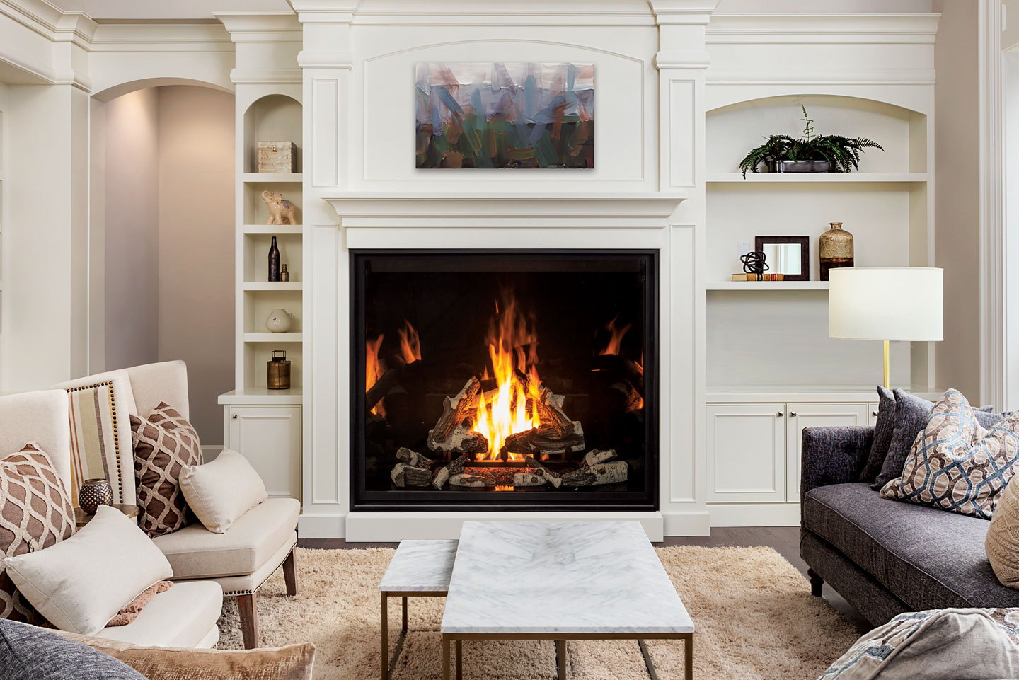 Urbana U55 burning between white built-in shelves in a family room