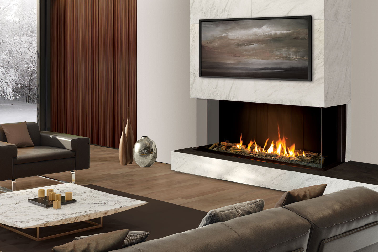Urbana U70 Tall Bay gas fireplace in a white marble wall beneath a framed seascape