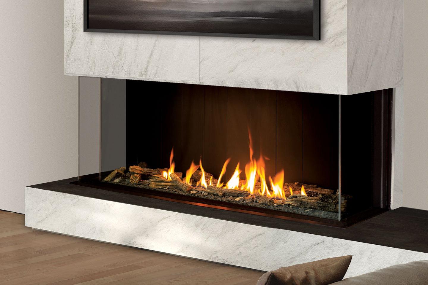 Urbana U70 Tall Bay burning in a white stone pier
