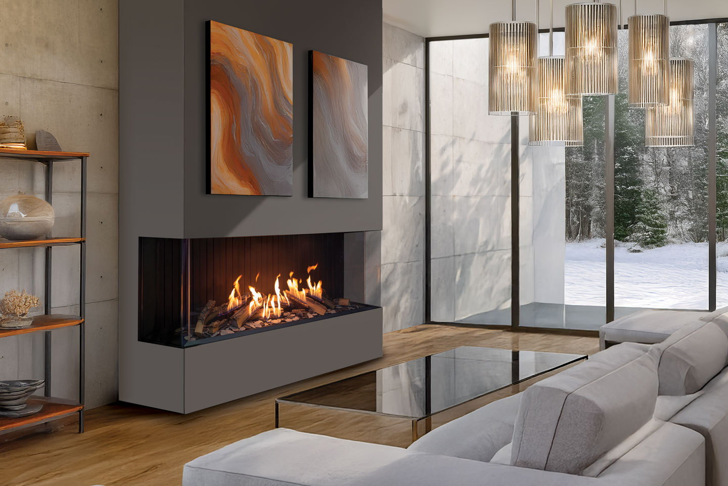 Urbana U70 Tall Ultra gas fireplace in a pale corner room with snow outside